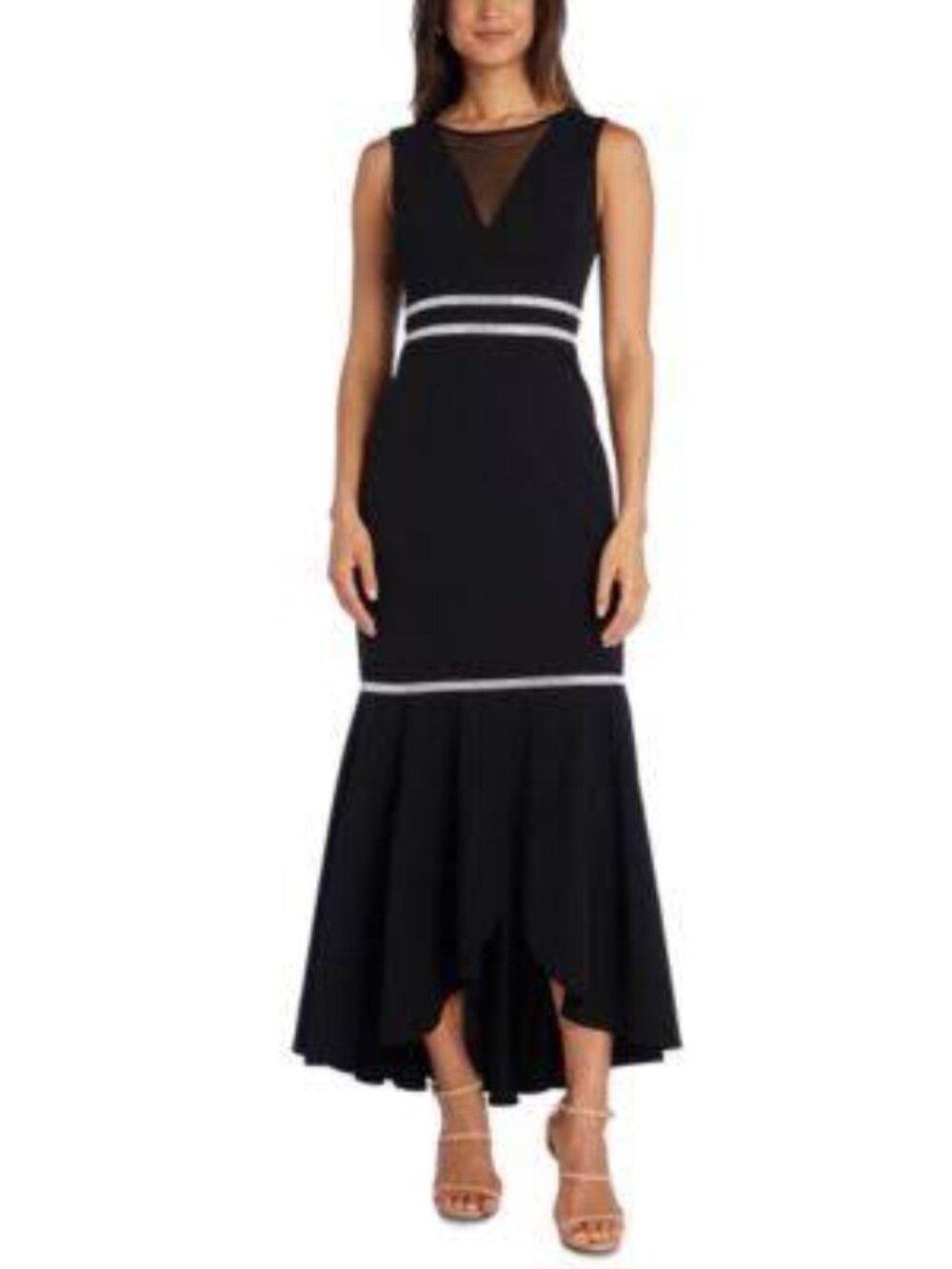 R & M Richards, NWOT, Rhinestone Trim, V neck, High Low Dress, Size 14 Petite